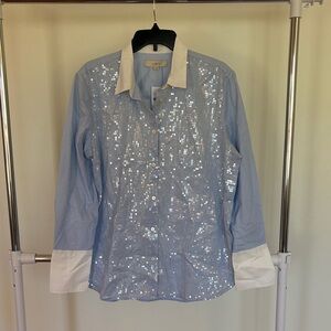 LOFT Light Blue Sequin Shirt with White Accents